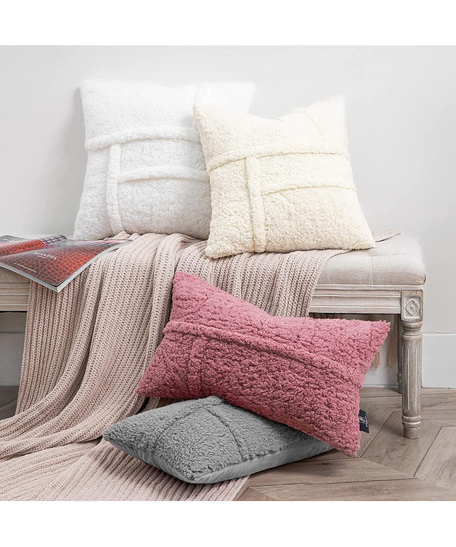 Lamb Wool Fleece Double-Sided Cushion Cover – Red, Brown & Cream | 50x50, 60x60, 65x65cm