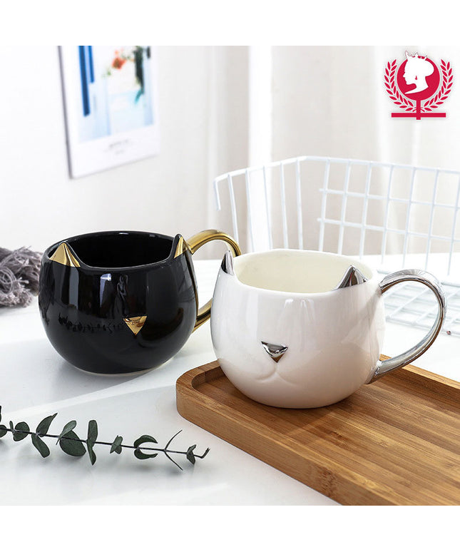 Cat Head Mug 🐱 – Black and Gold or White and Silver