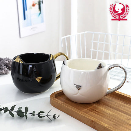Cat Head Mug 🐱 – Black and Gold or White and Silver