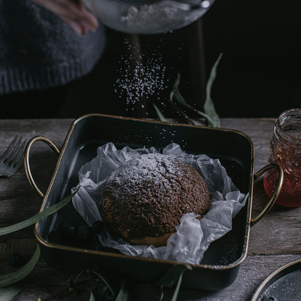 Rustic Metal Serving Tray 🥖 – Dark Iron with Brass Handles, Round or Square