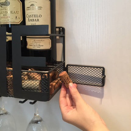Wall-Mounted Metal Wine Rack – Black | Bottle, Glass & Cork Holder