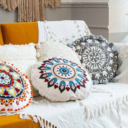 Moroccan Style Hand-Embroidered Round Pillow Cover