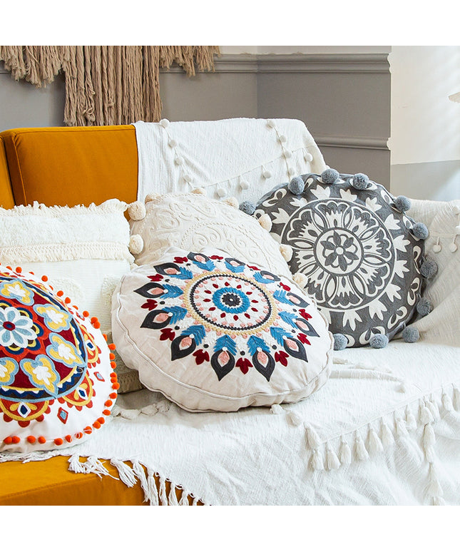 Moroccan Style Hand-Embroidered Round Pillow Cover