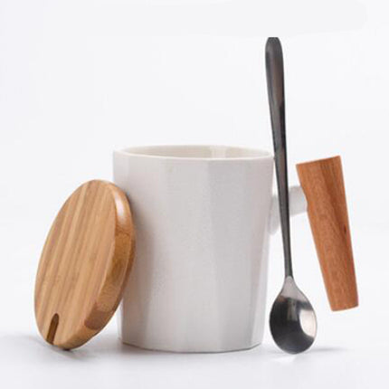 Ceramic Mug with Wooden Handle | Lid & Spoon Coffee Cup