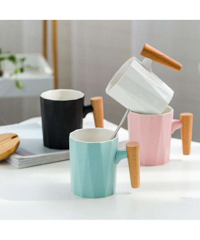 Ceramic Mug with Wooden Handle | Lid & Spoon Coffee Cup
