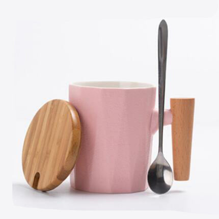 Ceramic Mug with Wooden Handle | Lid & Spoon Coffee Cup
