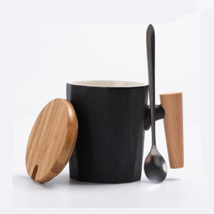 Ceramic Mug with Wooden Handle | Lid & Spoon Coffee Cup