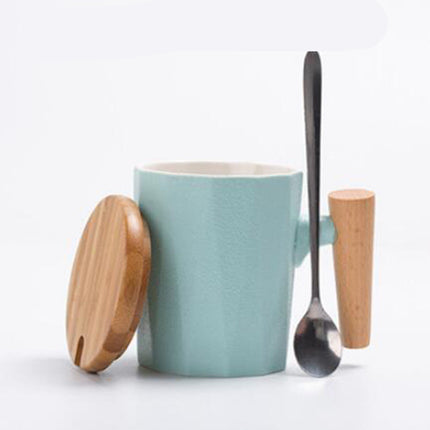 Ceramic Mug with Wooden Handle | Lid & Spoon Coffee Cup