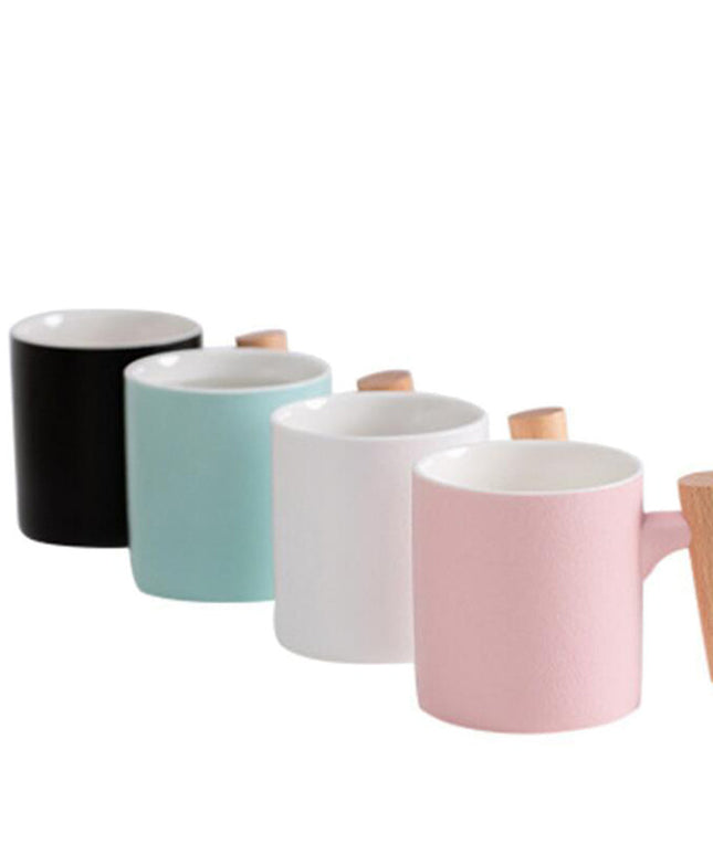 Ceramic Mug with Wooden Handle | Lid & Spoon Coffee Cup