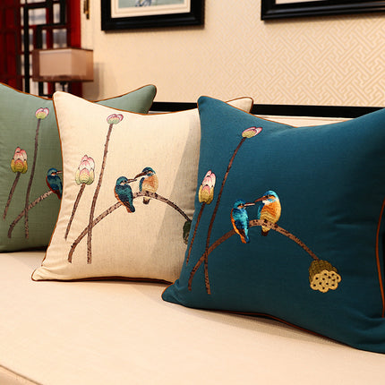 Embroidered Kingfisher Cushion Cover | Luxury Pillowcase