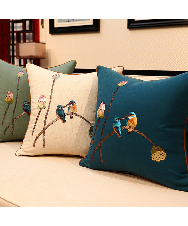 Embroidered Kingfisher Cushion Cover | Luxury Pillowcase