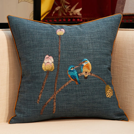 Embroidered Kingfisher Cushion Cover | Luxury Pillowcase