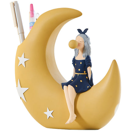 Crescent Moon Girl Pen Holder – Cute Aesthetic Desk Organiser