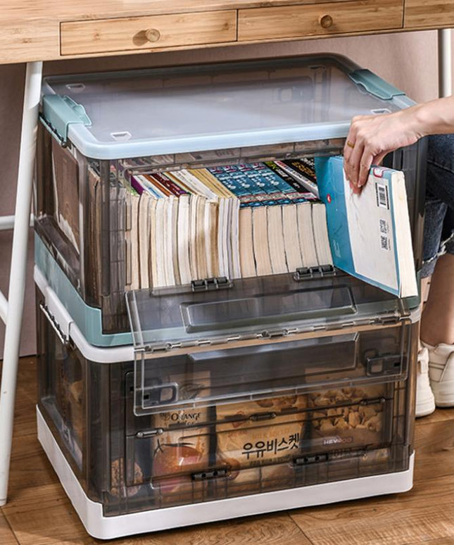 Foldable Storage Box with Wheels Transparent Rolling Organiser
