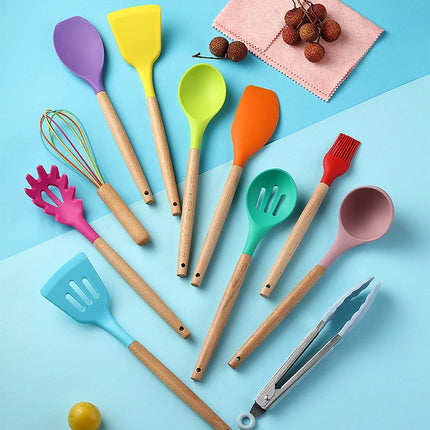 Silicone Kitchen Utensil Set | Wooden Handle Cooking Tools