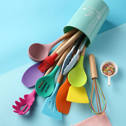 Silicone Kitchen Utensil Set | Wooden Handle Cooking Tools