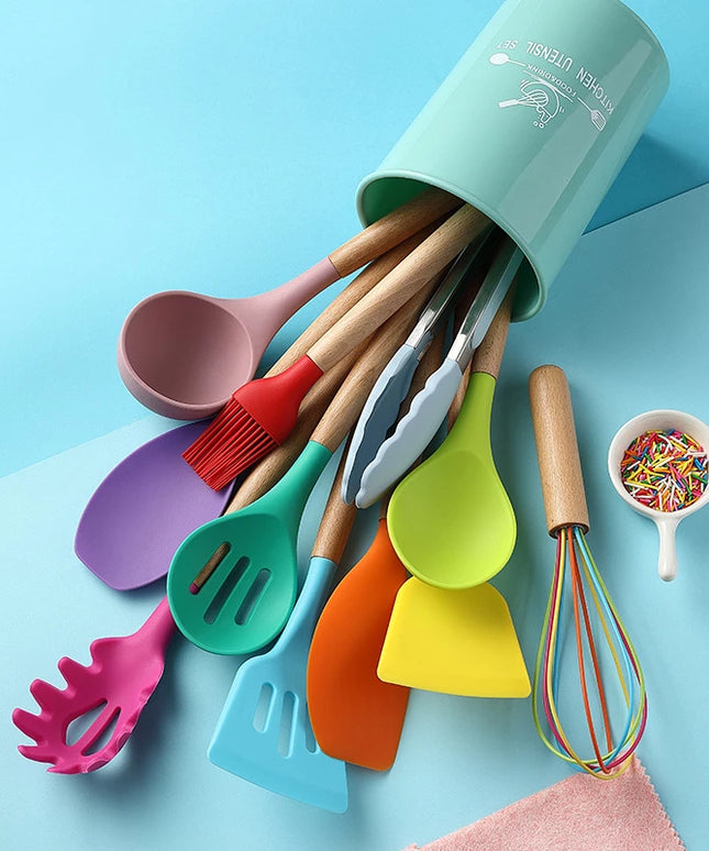 Silicone Kitchen Utensil Set | Wooden Handle Cooking Tools