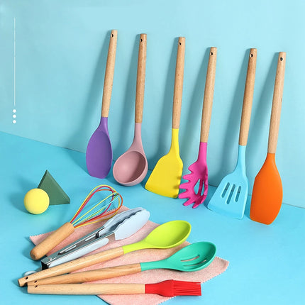 Silicone Kitchen Utensil Set | Wooden Handle Cooking Tools