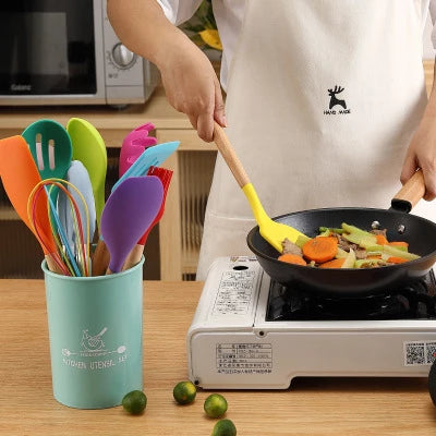 Silicone Kitchen Utensil Set | Wooden Handle Cooking Tools