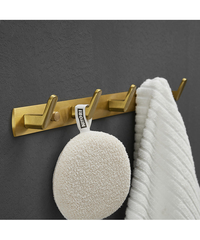 Brushed Gold Aluminium Bathroom Shelf with 5 Hooks — Light Luxury