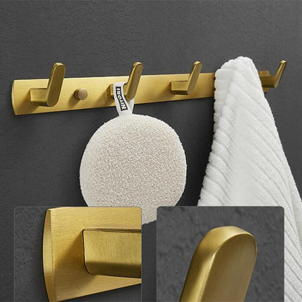 Brushed Gold Aluminium Bathroom Shelf with 5 Hooks — Light Luxury