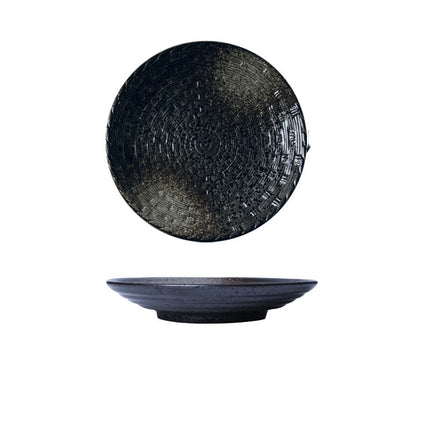Luxury Ceramic Flat Plate – 25cm Round | Retro Black Pearl Finish