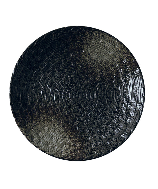 Luxury Ceramic Flat Plate – 25cm Round | Retro Black Pearl Finish