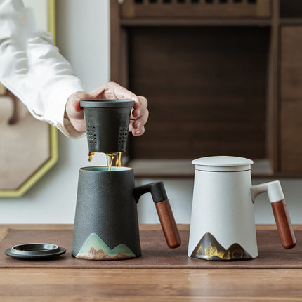 Luxury Ceramic Mug with Wooden Handle & Lid Filter – Nordic Mountain Design | 300–400ml