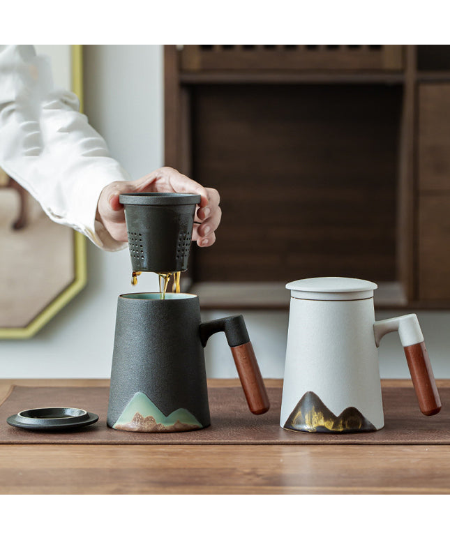 Luxury Ceramic Mug with Wooden Handle & Lid Filter – Nordic Mountain Design | 300–400ml