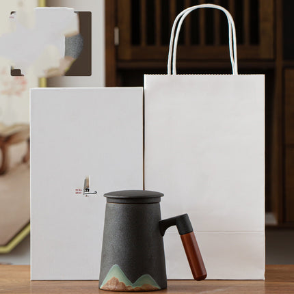 Luxury Ceramic Mug with Wooden Handle & Lid Filter – Nordic Mountain Design | 300–400ml