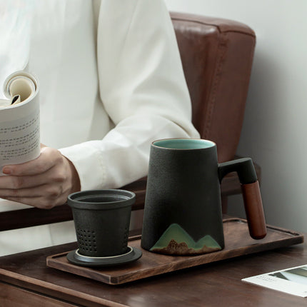 Luxury Ceramic Mug with Wooden Handle & Lid Filter – Nordic Mountain Design | 300–400ml