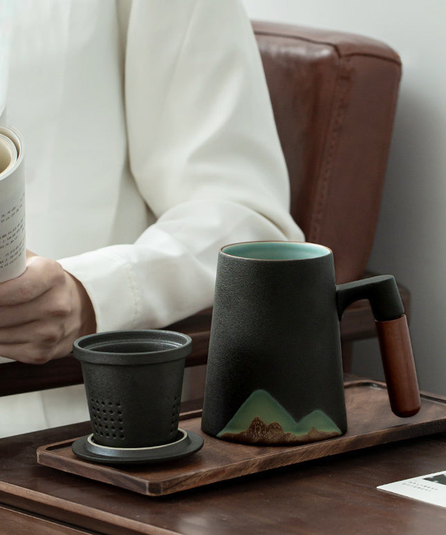 Luxury Ceramic Mug with Wooden Handle & Lid Filter – Nordic Mountain Design | 300–400ml