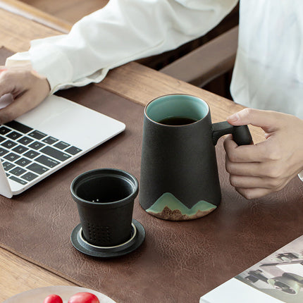 Luxury Ceramic Mug with Wooden Handle & Lid Filter – Nordic Mountain Design | 300–400ml