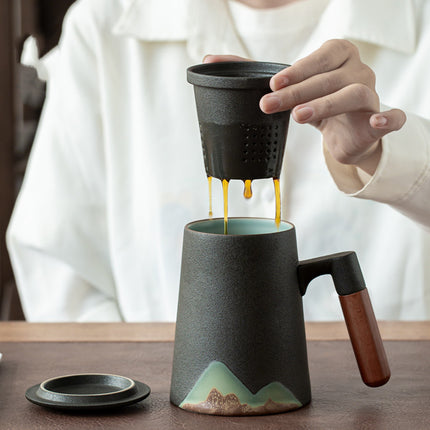 Luxury Ceramic Mug with Wooden Handle & Lid Filter – Nordic Mountain Design | 300–400ml