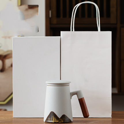 Luxury Ceramic Mug with Wooden Handle & Lid Filter – Nordic Mountain Design | 300–400ml