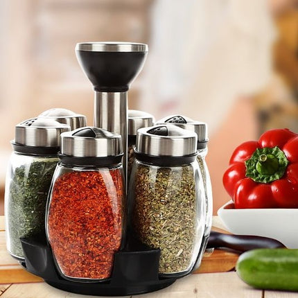Durable Rotating Spice Shelf Rack – PP, Stainless Steel & Glass | Compact Kitchen Storage