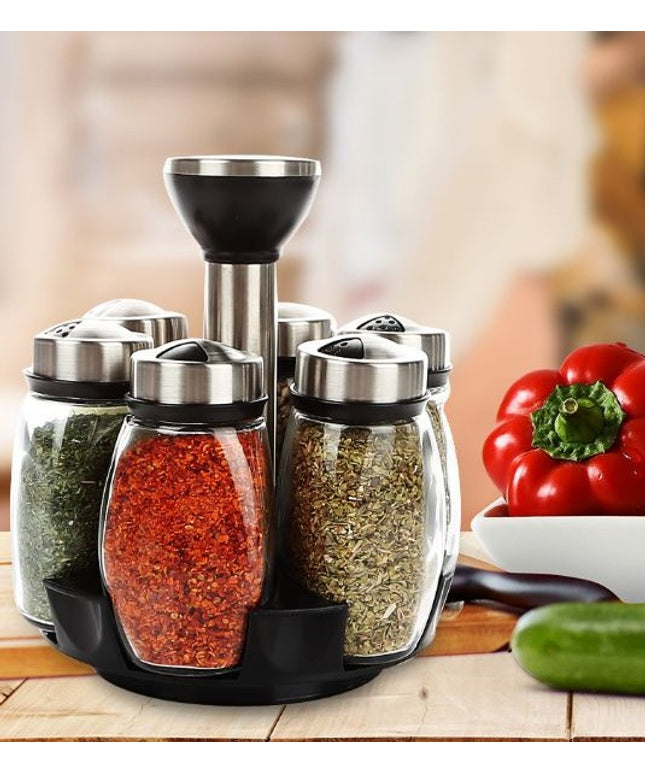 Durable Rotating Spice Shelf Rack – PP, Stainless Steel & Glass | Compact Kitchen Storage