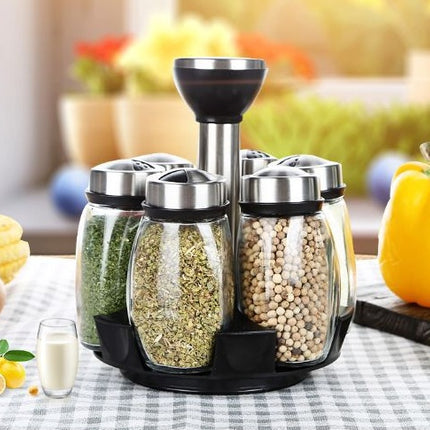 Durable Rotating Spice Shelf Rack – PP, Stainless Steel & Glass | Compact Kitchen Storage