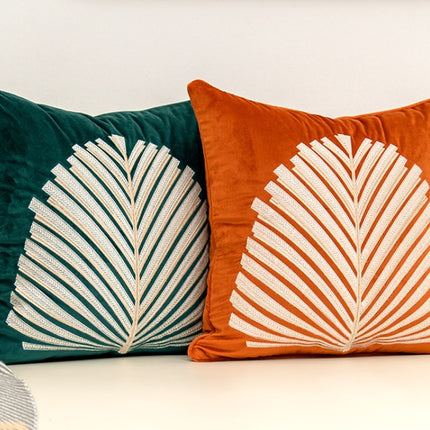 Dutch Velvet Embroidered Cushion Cover – Luxury Leaf Pillow 45×45cm | Ikeame