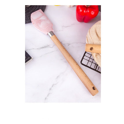 Pink Marble Silicone Kitchen Utensils 🍳 – 7-Piece Set with Wooden Handles
