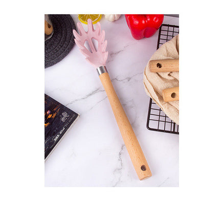 Pink Marble Silicone Kitchen Utensils 🍳 – 7-Piece Set with Wooden Handles