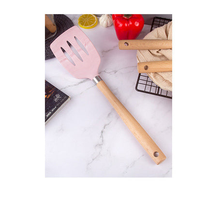 Pink Marble Silicone Kitchen Utensils 🍳 – 7-Piece Set with Wooden Handles