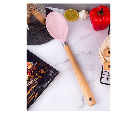 Pink Marble Silicone Kitchen Utensils 🍳 – 7-Piece Set with Wooden Handles