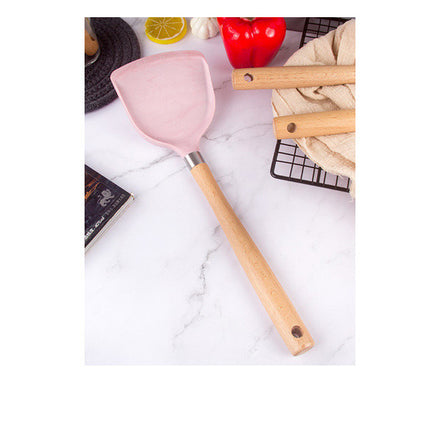 Pink Marble Silicone Kitchen Utensils 🍳 – 7-Piece Set with Wooden Handles