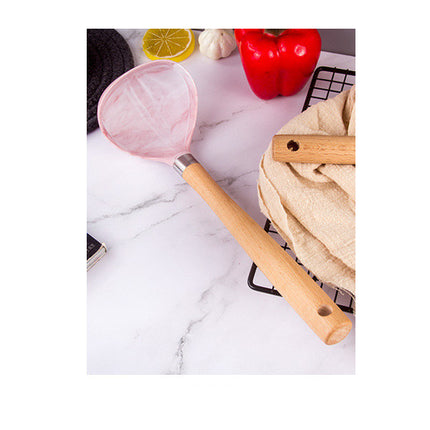Pink Marble Silicone Kitchen Utensils 🍳 – 7-Piece Set with Wooden Handles