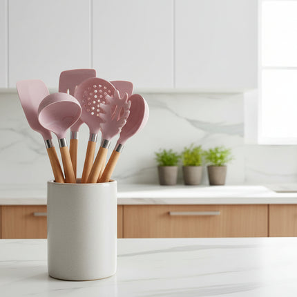 Pink Marble Silicone Kitchen Utensils 🍳 – 7-Piece Set with Wooden Handles