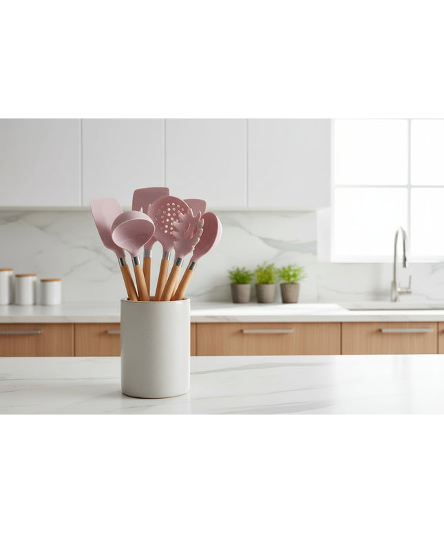 Pink Marble Silicone Kitchen Utensils 🍳 – 7-Piece Set with Wooden Handles