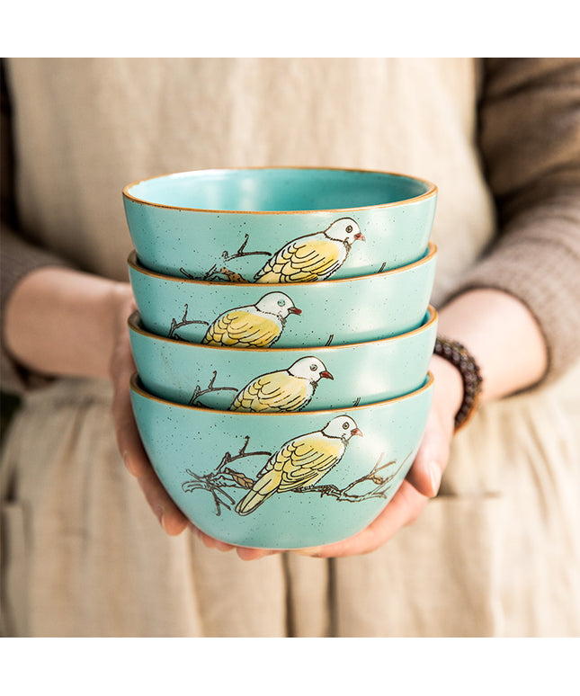Hand-Painted Porcelain Bowls 🐦 – Duck Egg Blue with Yellow Bird, 4-Pack