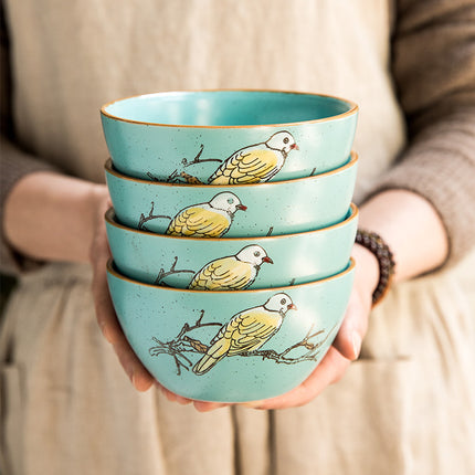 Hand-Painted Porcelain Bowls 🐦 – Duck Egg Blue with Yellow Bird, 4-Pack