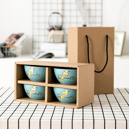 Hand-Painted Porcelain Bowls 🐦 – Duck Egg Blue with Yellow Bird, 4-Pack